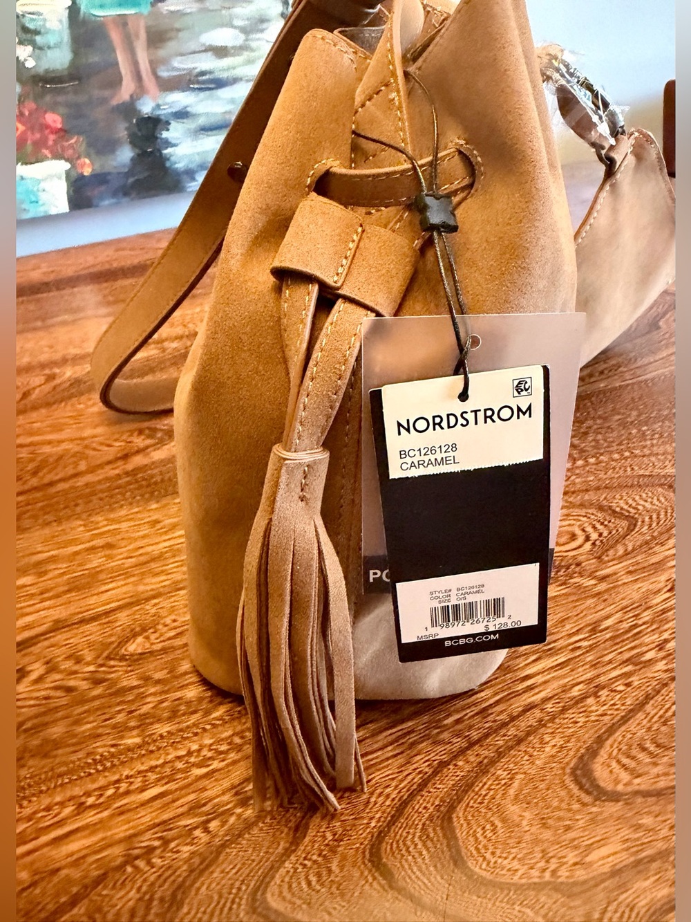 BCBG MaxAzria Faux Suede Bucket Shoulder Bag in Tan - Picture 3 of 8